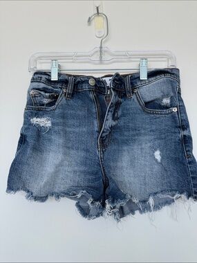 Distressed High-Rise Denim Shorts in Blue